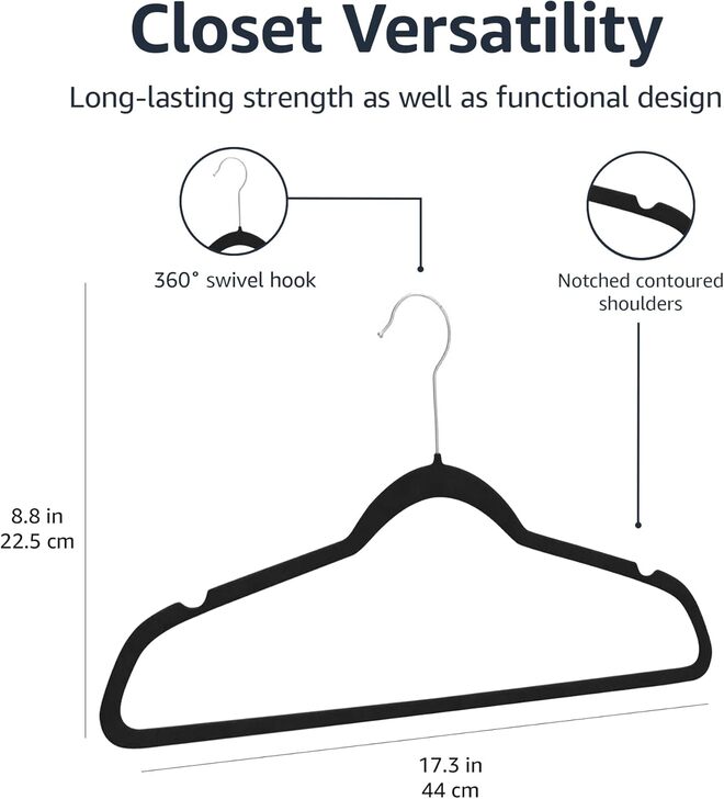 Harmony Homes Slim Velvet Clothes Hangers –|Non-Slip Suit & Shirt Hangers with Strong Hook,|Ultra-Thin Design for Wardrobe Space Saving, Color: Black | Pack of 50 - Image 4