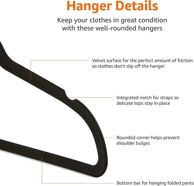 Harmony Homes Slim Velvet Clothes Hangers –|Non-Slip Suit & Shirt Hangers with Strong Hook,|Ultra-Thin Design for Wardrobe Space Saving, Color: Black | Pack of 50 - Image 5