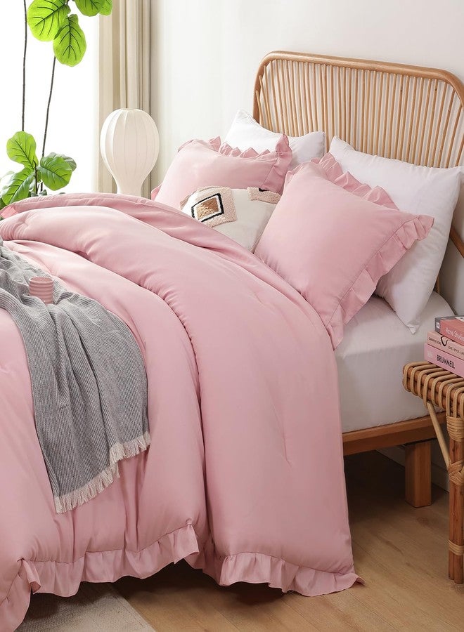 JANZAA Full Comforter Set Baby Pink Ruffle Comforter with 2 Pillowcase Soft Full Size Bed Set Vintage Farmhouse Bed Comforter Set Fluffy Shabby Chic Bedding for All Season - Image 4