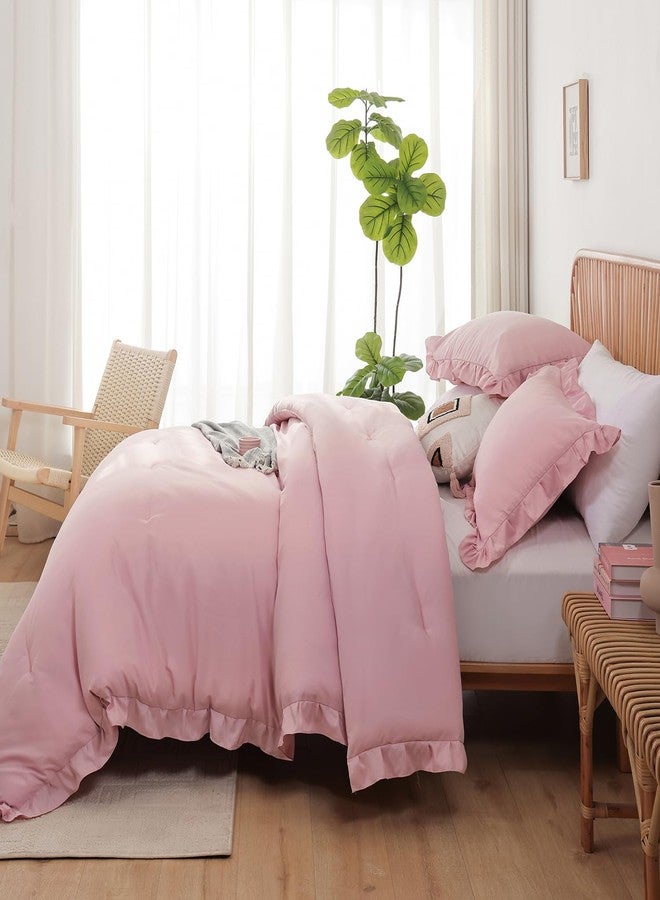 JANZAA Full Comforter Set Baby Pink Ruffle Comforter with 2 Pillowcase Soft Full Size Bed Set Vintage Farmhouse Bed Comforter Set Fluffy Shabby Chic Bedding for All Season - Image 3
