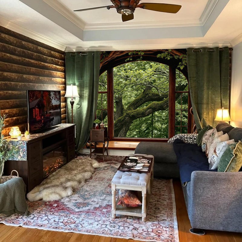 Lifeella Forest Window Tapestry, Nature Outdoor Tree Wall Backdrop, Woodland Scene Large Mural for Bedroom Living Room Office Decor, Green 36x48 inches - Image 2