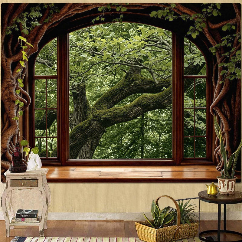 Lifeella Forest Window Tapestry, Nature Outdoor Tree Wall Backdrop, Woodland Scene Large Mural for Bedroom Living Room Office Decor, Green 36x48 inches - Image 1