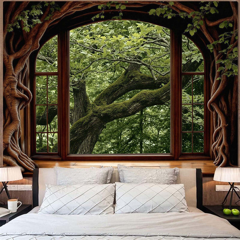 Lifeella Forest Window Tapestry, Nature Outdoor Tree Wall Backdrop, Woodland Scene Large Mural for Bedroom Living Room Office Decor, Green 36x48 inches - Image 3