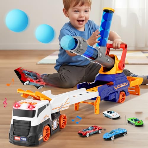BLF FUN Truck Toys for Kids EVA Ball Launcher Car Toys for Boys 35 Foldable Toy Truck with Light  Sound Shooting Transport Toy Car Playset Christmas Birthday Gifts for Kid Boys Age 3 4 5 6 Years Old - Image 1