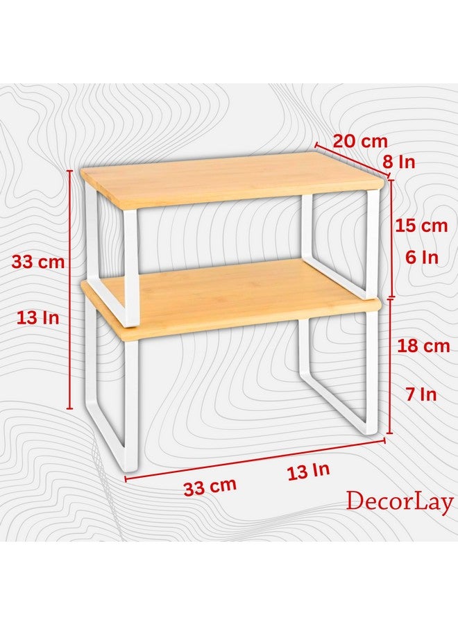 Decorlay Metal & Wooden Free Standing Shelf Organizer Bathroom Kitchen Counter Top Shelves, Spice Rack for Pantry Dressing Cabinet Office Table Area (White + Beech) - Image 2