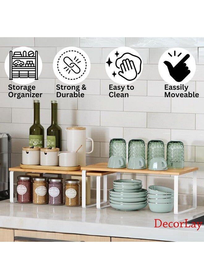 Decorlay Metal & Wooden Free Standing Shelf Organizer Bathroom Kitchen Counter Top Shelves, Spice Rack for Pantry Dressing Cabinet Office Table Area (White + Beech) - Image 5