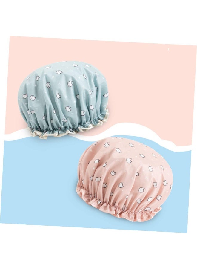 SUNSAR Shower Caps 2 Packs Waterproof Double Layers Shower Caps Elastic Band Lovely Cat Pattern Reusable Bath Hat for Women Girls - Image 2