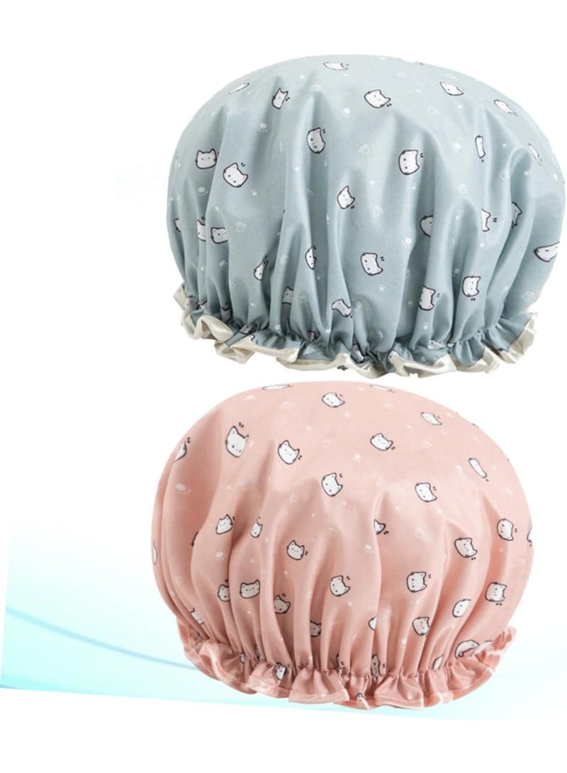 SUNSAR Shower Caps 2 Packs Waterproof Double Layers Shower Caps Elastic Band Lovely Cat Pattern Reusable Bath Hat for Women Girls - Image 3