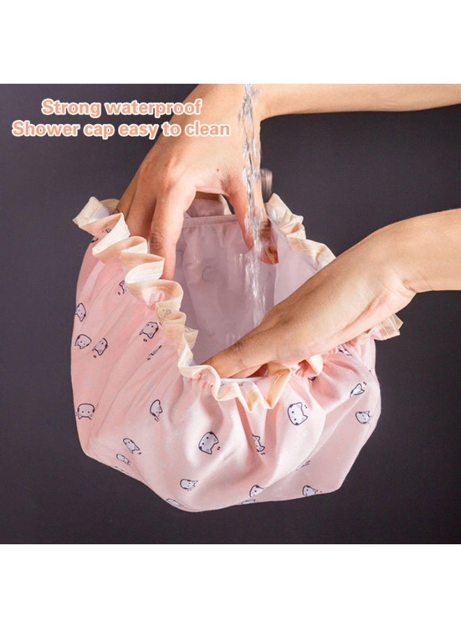 SUNSAR Shower Caps 2 Packs Waterproof Double Layers Shower Caps Elastic Band Lovely Cat Pattern Reusable Bath Hat for Women Girls - Image 5