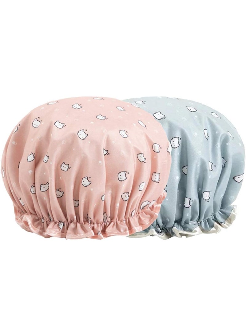 SUNSAR Shower Caps 2 Packs Waterproof Double Layers Shower Caps Elastic Band Lovely Cat Pattern Reusable Bath Hat for Women Girls - Image 1