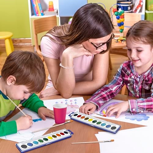 Kiggos 10-Color Water Color Paint Sets for Kids 30 Pack Bulk Watercolor Paint Set Washable Acuarelas Watercolor Palette Mini Paint Sets for Kids Party Favor Classroom Water Paint Kit 2 Wood Brushes Included - Image 5