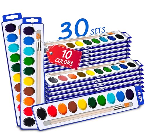 Kiggos 10-Color Water Color Paint Sets for Kids 30 Pack Bulk Watercolor Paint Set Washable Acuarelas Watercolor Palette Mini Paint Sets for Kids Party Favor Classroom Water Paint Kit 2 Wood Brushes Included - Image 1
