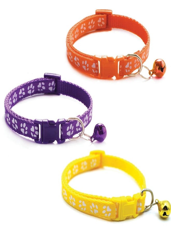 Litvibes Cat Collars Set of 3 with Bell,Kitten & Small Dogs Soft Adjustable Collar Safe,Solid & Protection Breakaway for Cats & Puppies,Cute Kitty Neckband with Paw Print-(Orange,Purple,Yellow) - Image 1