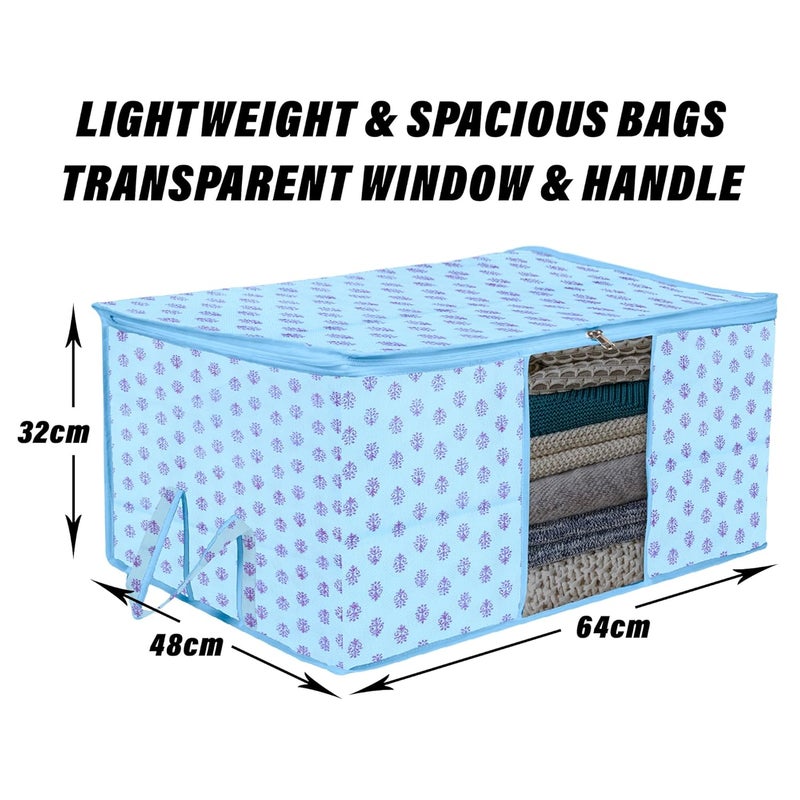 Kuber Industries Underbed Storage Bag Clothes Storage Bag Blanket Cover with Clear Window Zipper Closure Handle Cloth Organizer FlowerDesign Large Pack of 2 Sky Blue - Image 3