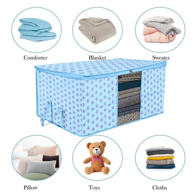 Kuber Industries Underbed Storage Bag Clothes Storage Bag Blanket Cover with Clear Window Zipper Closure Handle Cloth Organizer FlowerDesign Large Pack of 2 Sky Blue - Image 5