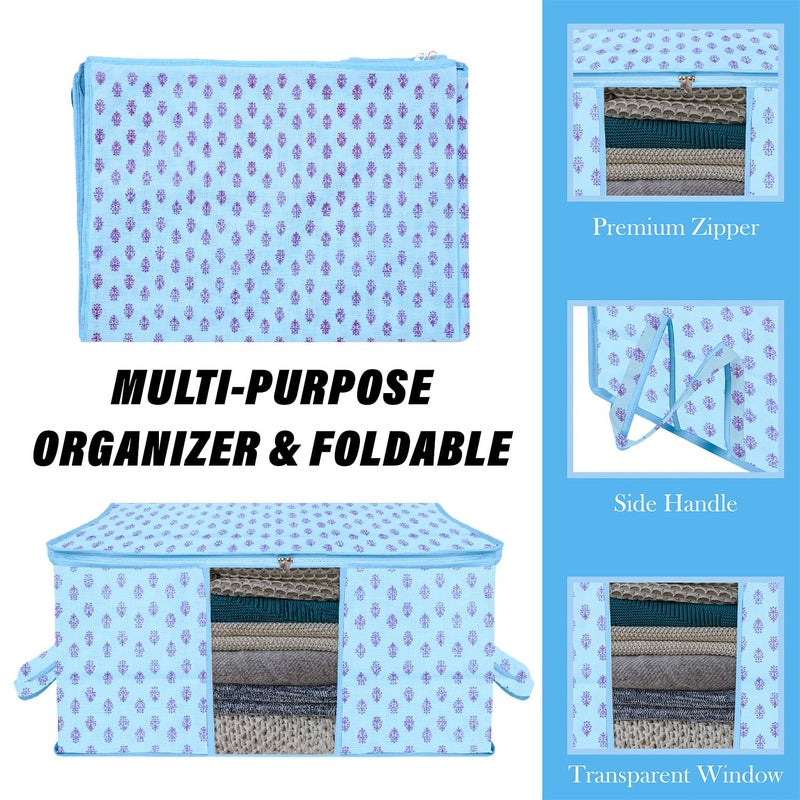 Kuber Industries Underbed Storage Bag Clothes Storage Bag Blanket Cover with Clear Window Zipper Closure Handle Cloth Organizer FlowerDesign Large Pack of 2 Sky Blue - Image 4