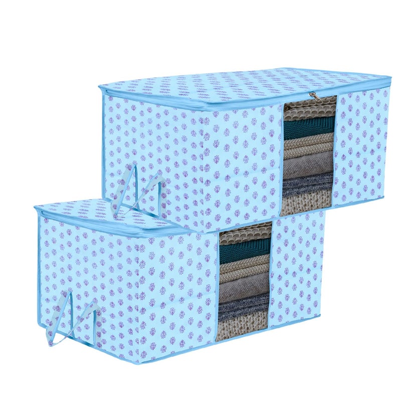 Kuber Industries Underbed Storage Bag Clothes Storage Bag Blanket Cover with Clear Window Zipper Closure Handle Cloth Organizer FlowerDesign Large Pack of 2 Sky Blue - Image 1