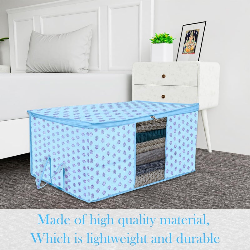 Kuber Industries Underbed Storage Bag Clothes Storage Bag Blanket Cover with Clear Window Zipper Closure Handle Cloth Organizer FlowerDesign Large Pack of 2 Sky Blue - Image 2