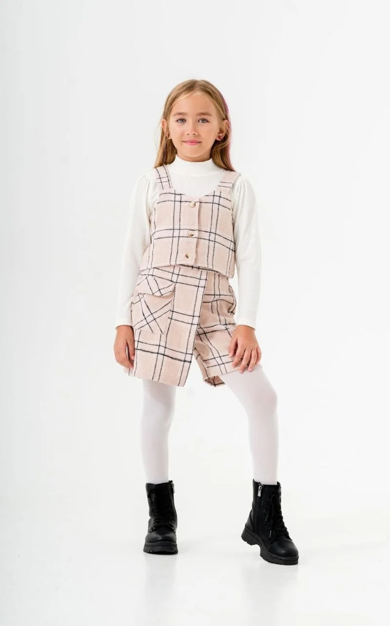 Miniğimin Cicileri My Little One's Ciciler Plaid Pocket Shorts Skirt 3 Piece Outfit - Salmon
