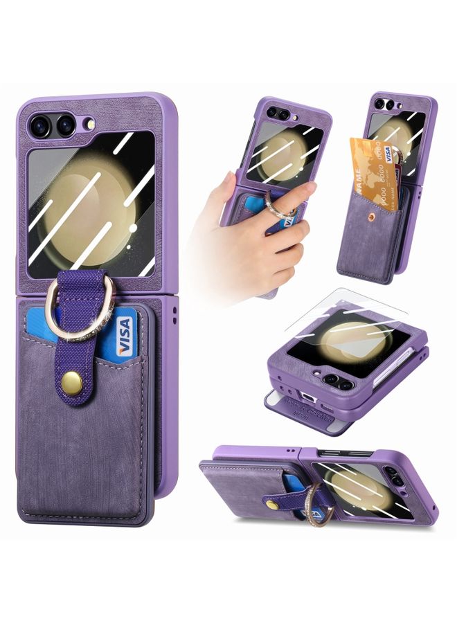 Case Cover For Samsung Galaxy Z Flip5 5G Integrated Magnetic Card Wallet Diamond-encrusted Ring Phone Case (Purple)