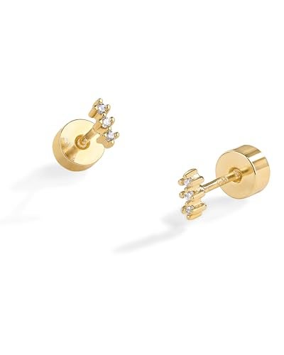 PAVOI 14K Yellow Gold Plated 925 Sterling Silver Posts Mini Stud Flat Back Earrings for Women | Helix Cartilage Piercing Jewelry | Dainty Cubic Zirconia Climber Stud Earring Pair - Image 3