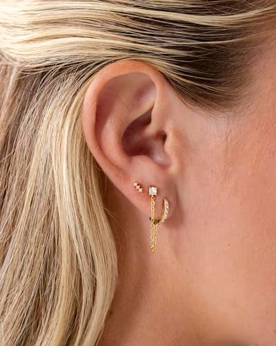 PAVOI 14K Yellow Gold Plated 925 Sterling Silver Posts Mini Stud Flat Back Earrings for Women | Helix Cartilage Piercing Jewelry | Dainty Cubic Zirconia Climber Stud Earring Pair - Image 2
