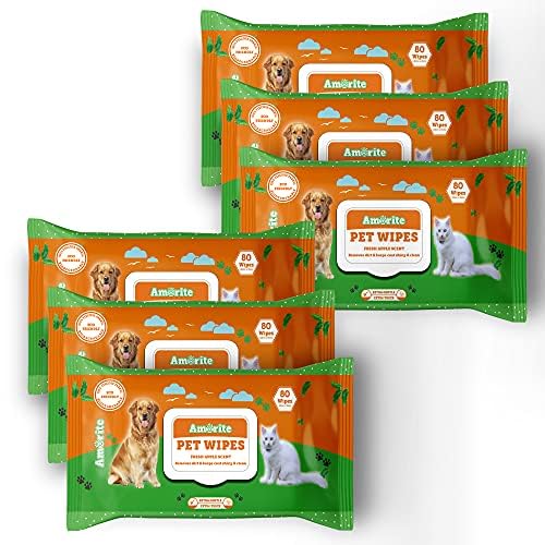 AMORITE Anti-Bacterial 480 Count Pet Wipes with Fresh Apple Scent for Dogs, Puppies & Pets (Pack of 6) Suitable for All Types of Pets' Dry Bathing, Daily Care, Paw Cleaning Wipes - Image 1