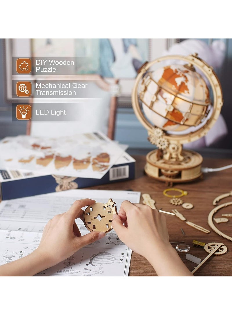 Robotime - ROKR Luminous Globe ST003, Assembly Brain Teaser 3D Wooden Puzzle DIY Build Model Crafts Kits, Unique Home Decor Birthday Gifts for Teens or Adults - Image 1