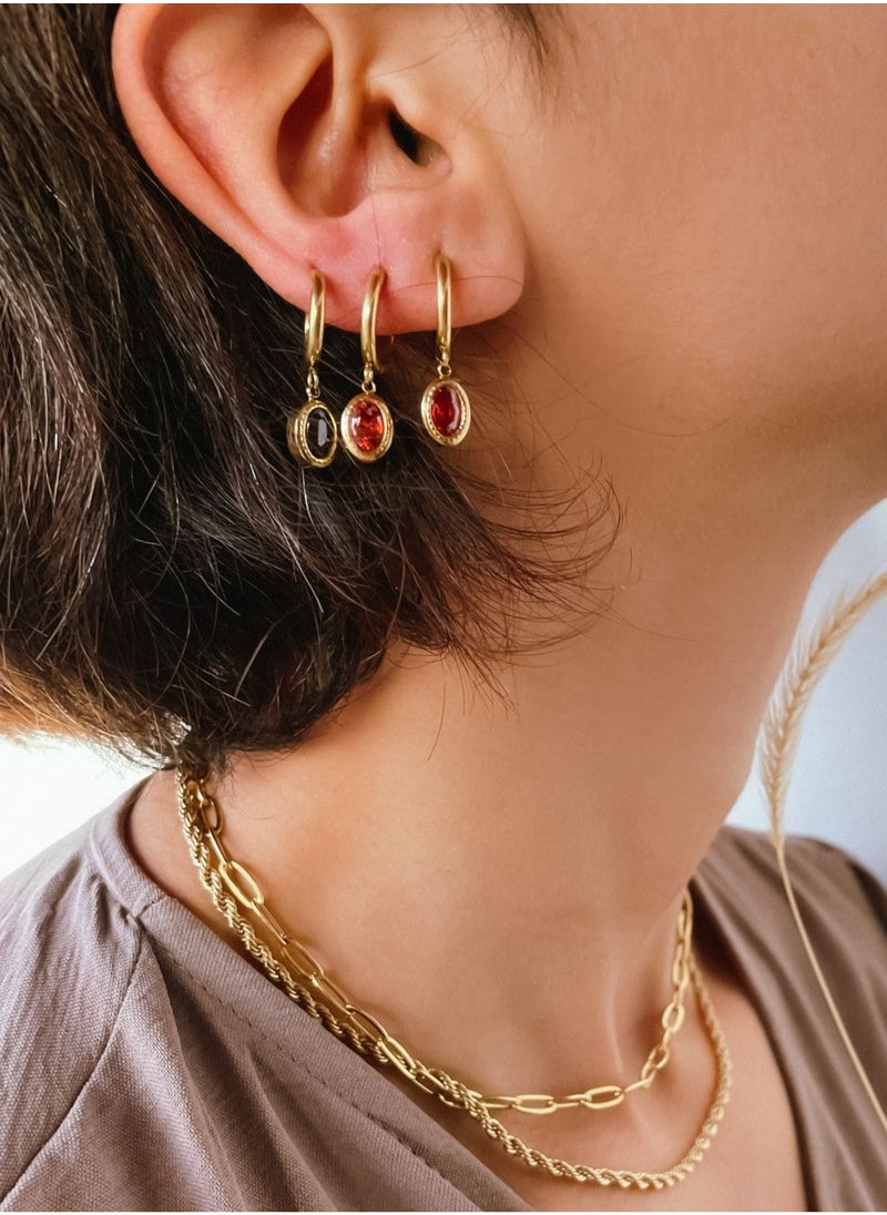 Clé de Lune - Stone Oval Huggies Earrings- Black - Image 1