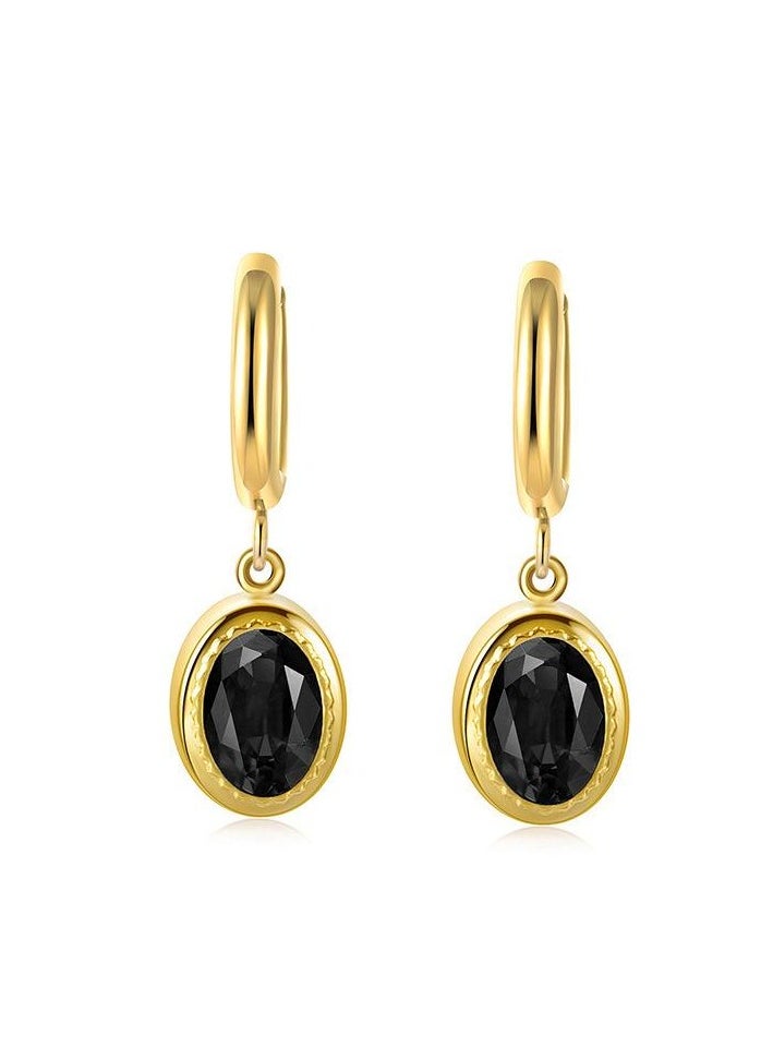 Clé de Lune - Stone Oval Huggies Earrings- Black - Image 1