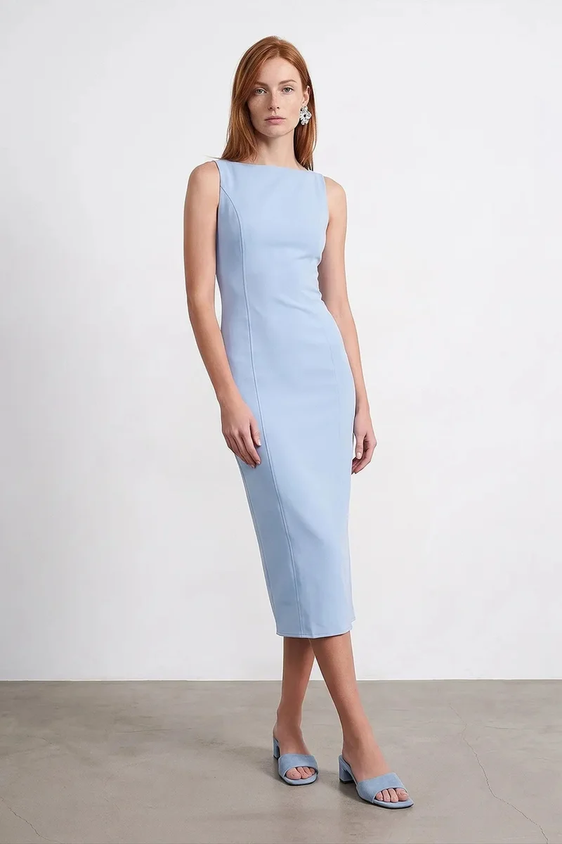 Dilvin Baby Blue DILVIN Sleeveless Midi Bodycon Dress With Slit for Women | Best Price UAE