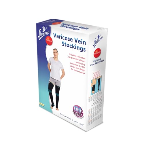 Flamingo Premium Varicose Vein Stockings | Medical Compression Stockings for Varicose Veins & Swelling | Compression Socks for Men & Women | Size - LARGE | 1 Pair | - Image 1