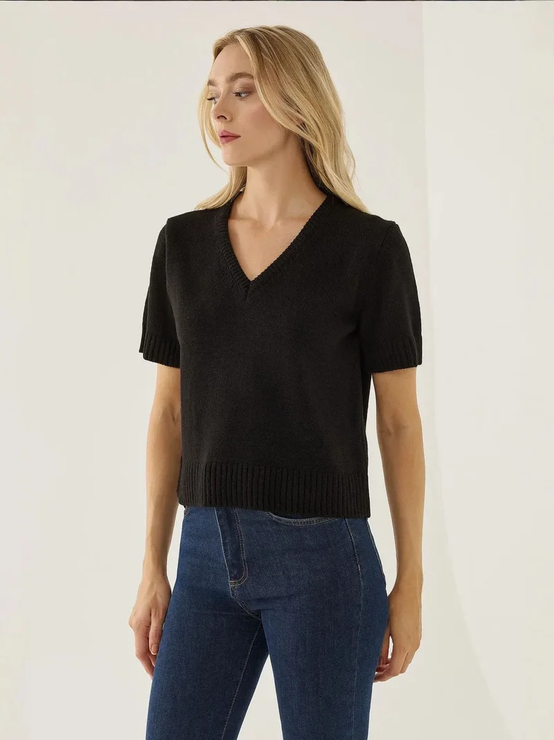 HICCUP Black V-Neck Short Sleeve Knit Sweater for Women | Best Price UAE