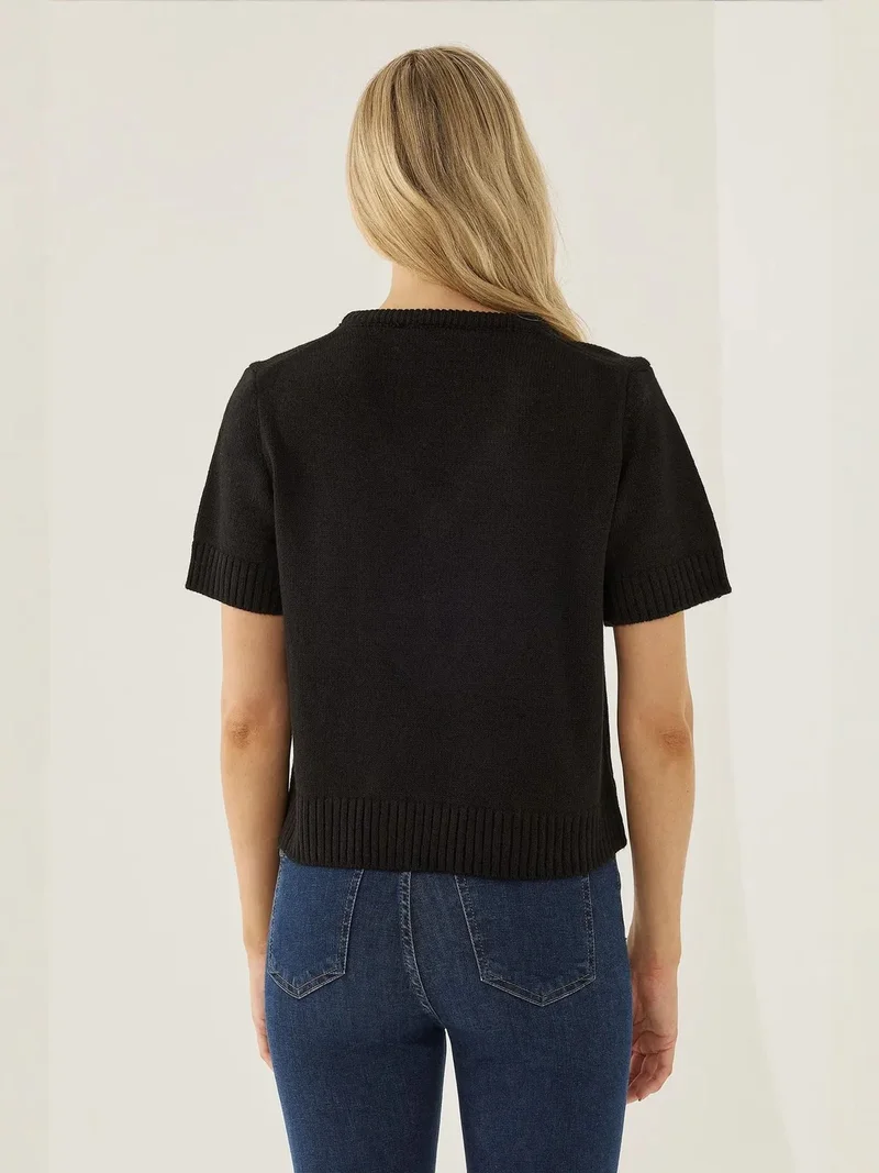 HICCUP Black V-Neck Short Sleeve Knit Sweater for Women | Best Price UAE