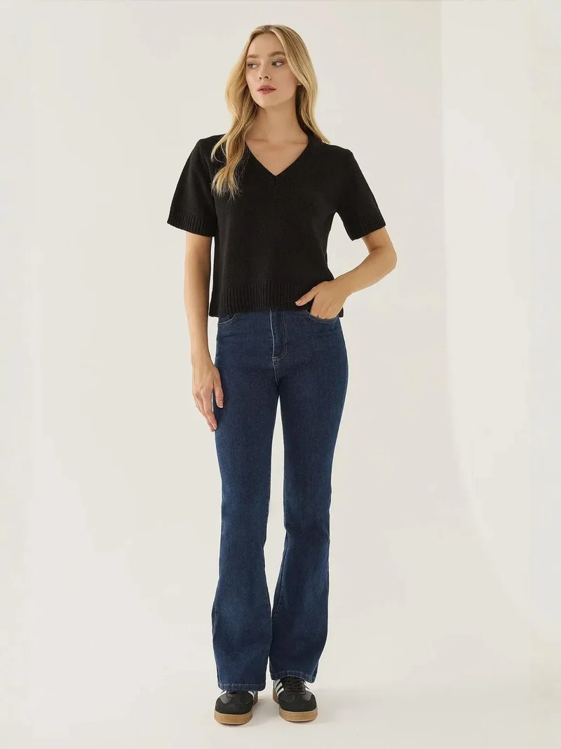 HICCUP Black V-Neck Short Sleeve Knit Sweater for Women | Best Price UAE