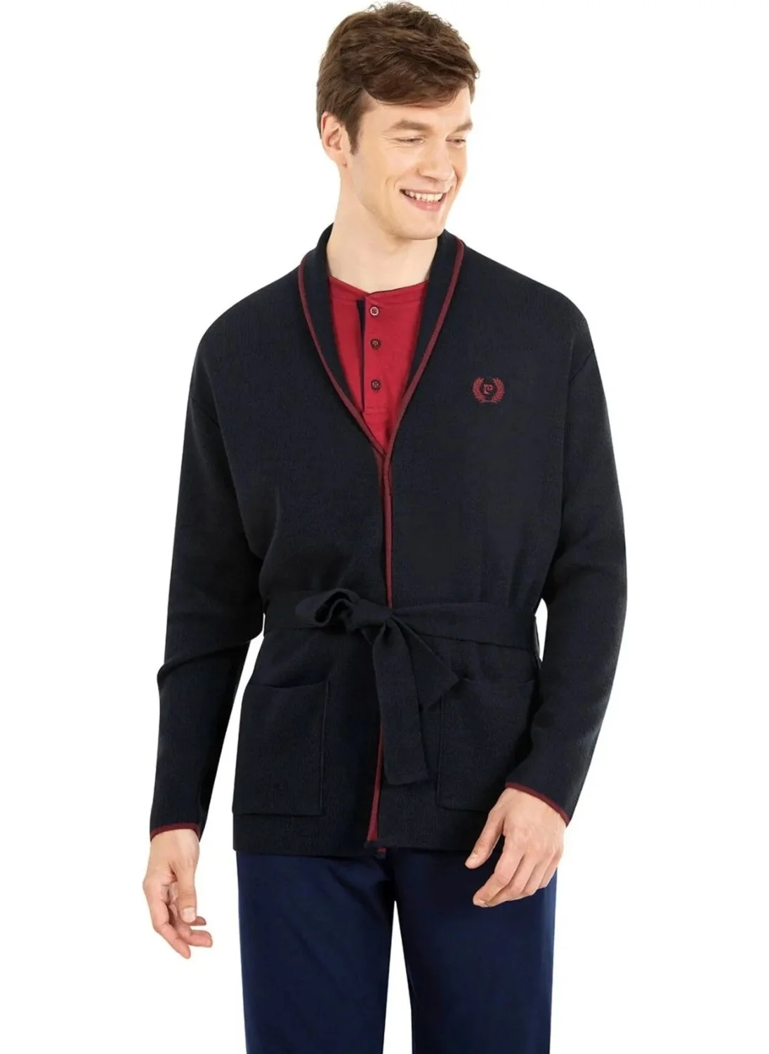 بيير كاردان 5630 Men's Knitwear Long Sleeve Pajama Set with Robe-Navy Blue
