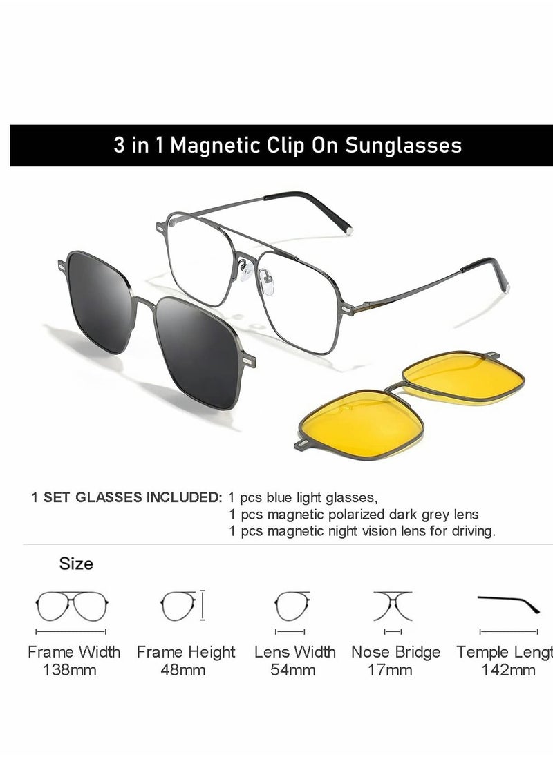 SYOSI - Magnetic Clip on Sunglasses for Men & Women Polarized UV Protection Retro Square Eyeglasses Fit Over Night Driving (3 PCS) - Image 1