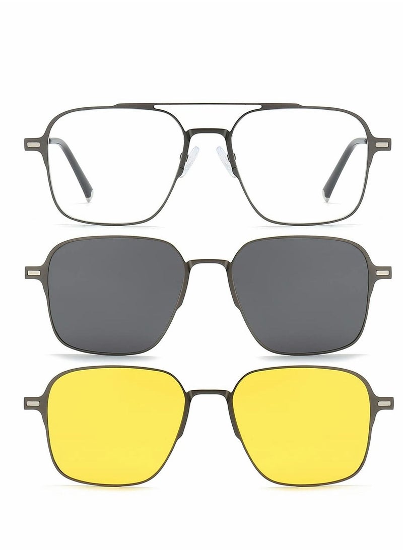SYOSI - Magnetic Clip on Sunglasses for Men & Women Polarized UV Protection Retro Square Eyeglasses Fit Over Night Driving (3 PCS) - Image 1