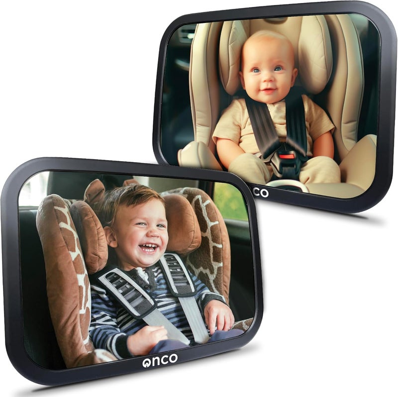 Onco Baby Car Mirror Rear Facing (2 Pack) - 100% Shatterproof & Shakeproof, Award-Winning Convex Car Mirror for Baby with 360° Rotation, Newborn Essentials (9.6 x 6.9 in) - Image 1