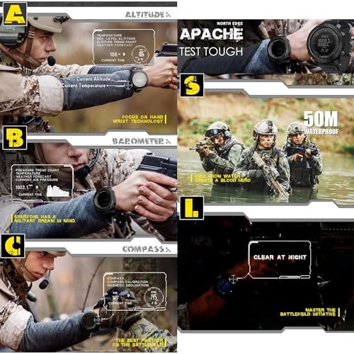 NORTH EDGE ساعة NORTH EDGE العسكرية الرقمية للرجال في الهواء الطلق مع بارومتر، بوصلة، ومقياس ارتفاع: أباتشي، أخضر - Image 3