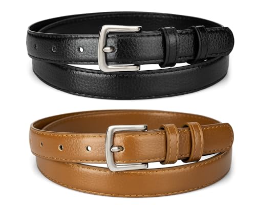 maikun 2 Pack Womens Belt Skinny PU Leather Belt, Thin Womens Belt Length 46.5'', Black and Brown - Image 1
