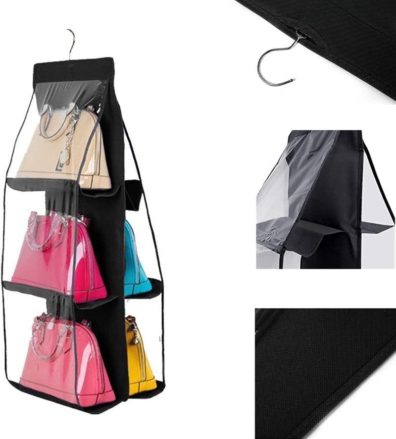 HAPYSA Hanging Purse Organizer for Closet 6 Pockets Handbag Purse Holder for Closet Foldable Shelf Purse Hanger for Wardrobe Space Saving Organizer Metal Hooks Black - Image 3