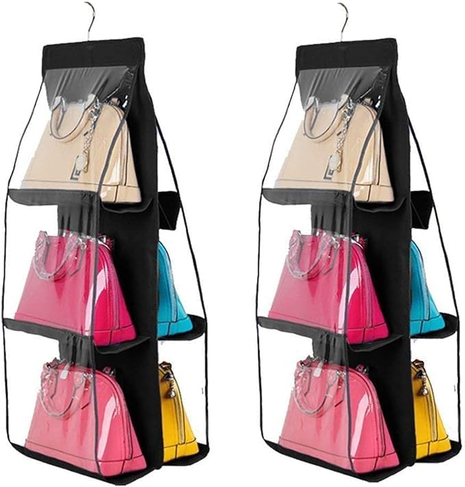 HAPYSA Hanging Purse Organizer for Closet 6 Pockets Handbag Purse Holder for Closet Foldable Shelf Purse Hanger for Wardrobe Space Saving Organizer Metal Hooks Black - Image 1