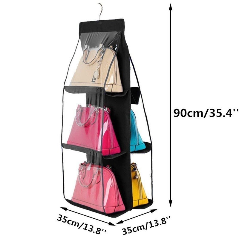 HAPYSA Hanging Purse Organizer for Closet 6 Pockets Handbag Purse Holder for Closet Foldable Shelf Purse Hanger for Wardrobe Space Saving Organizer Metal Hooks Black - Image 2