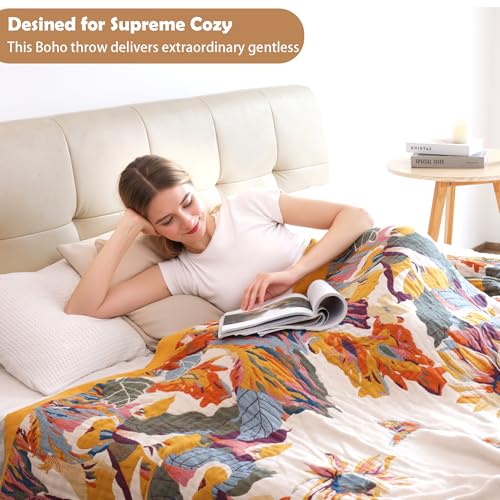 VANJOROY Boho Throw Blanket 60" x 80", 100% Organic Cotton Skin-Friendly Lightweight Ultra Soft Bed Quilt Throw - Fall Floral Butterfly Farmhouse Decor Blanket for Sofa Couch Chair and Gift. - Image 4
