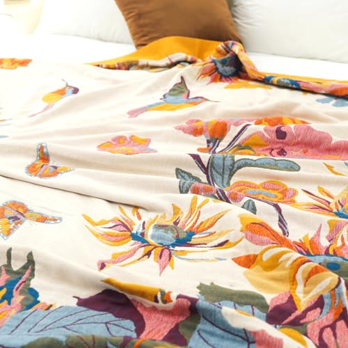 VANJOROY Boho Throw Blanket 60" x 80", 100% Organic Cotton Skin-Friendly Lightweight Ultra Soft Bed Quilt Throw - Fall Floral Butterfly Farmhouse Decor Blanket for Sofa Couch Chair and Gift. - Image 5