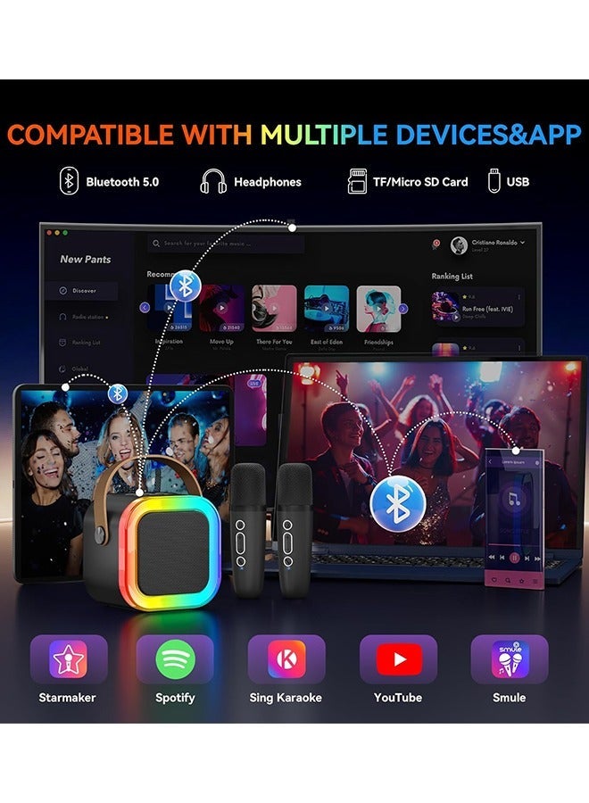 FLOWING Karaoke Machine for Kids Adults, Portable Bluetooth Mini Karaoke Microphone Singing Speaker with 2 Wireless Mic and Light, Toys for All Smartphones, Birthday, Family, Home Party (Black) - Image 4