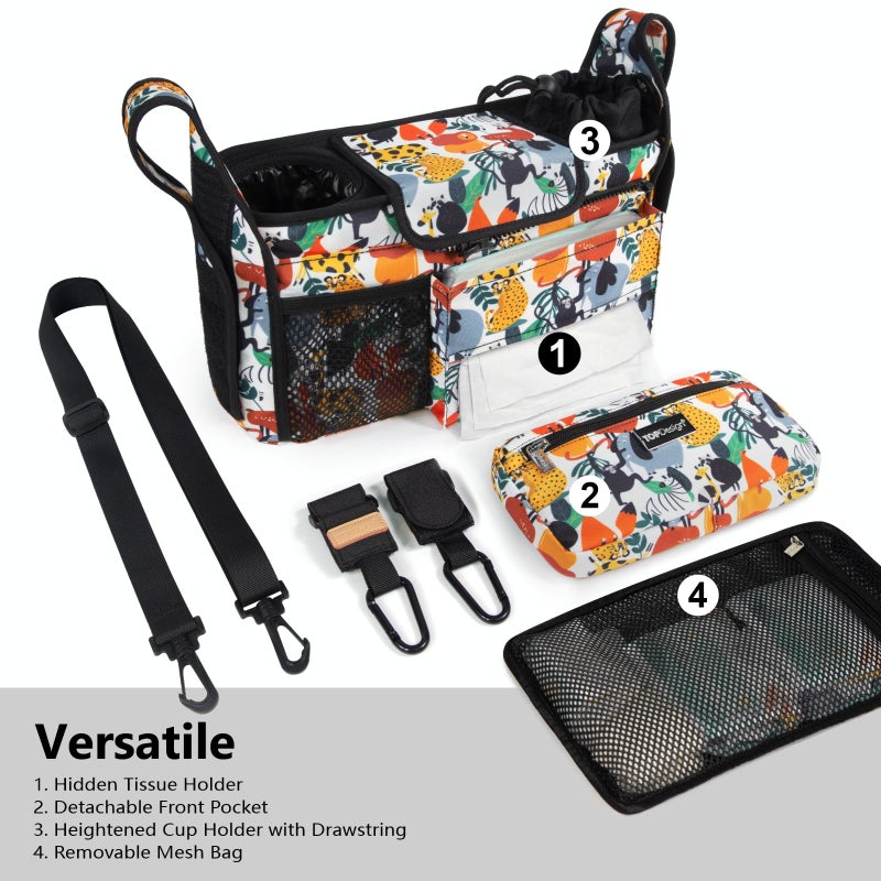 TOPDesign Universal Baby Stroller Organizer, Stroller Caddy with Detachable Mesh Bag & Heightened Insulated Cup Holders & Non-Slip Secure Hooks Accessories, Fits Most Strollers (Zoo) - Image 2