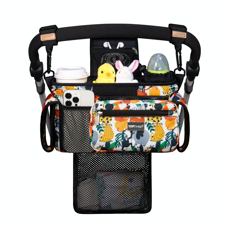 TOPDesign Universal Baby Stroller Organizer, Stroller Caddy with Detachable Mesh Bag & Heightened Insulated Cup Holders & Non-Slip Secure Hooks Accessories, Fits Most Strollers (Zoo) - Image 1