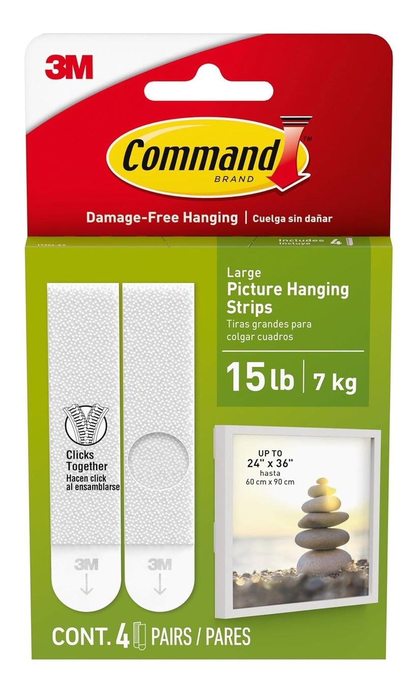 Command Large Picture Hanging Strips, 4 Pairs, Damage-Free Frame Mounting, Holds up to 15 lb / 7 kg, for Pictures up to 24 x 36 in, White Wall Adhesive Strips - Image 1